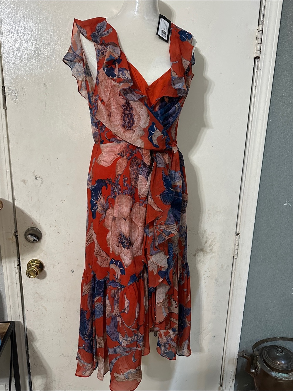Emanuel Ungaro Red Floral Ruffle Wrap Midi Dress